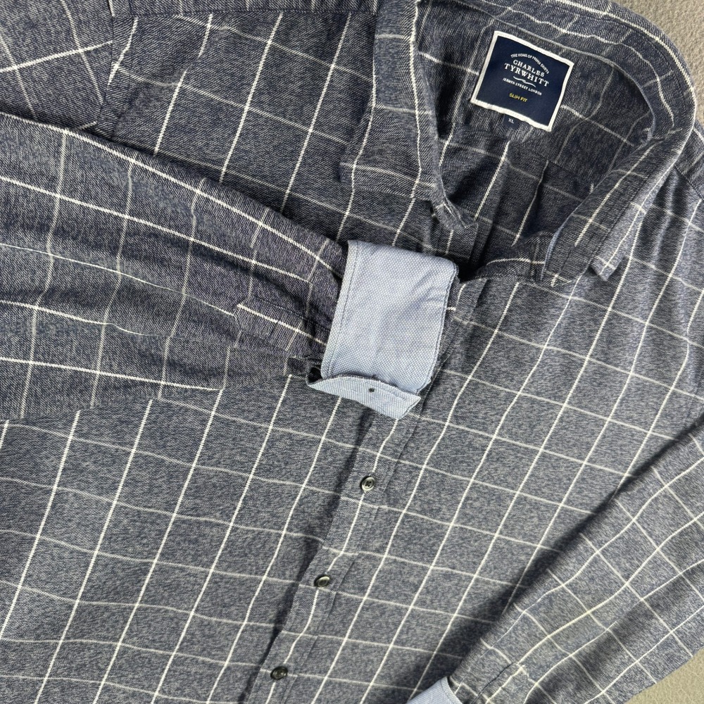Charles Tyrwhitt Shirt Men XL Slim‎ Fit Gray Plaid 100% Cotton Flip Cuff Check - Picture 8 of 9
